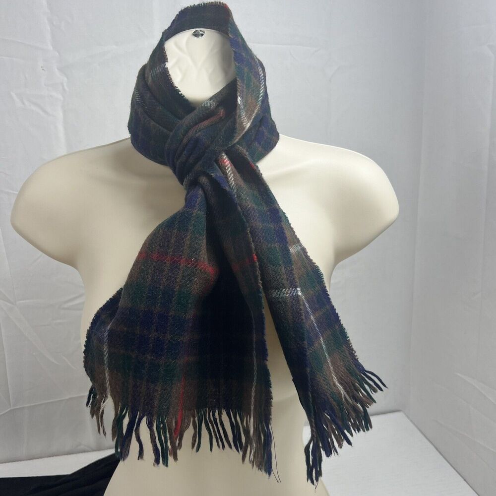 Vtg HUTZLERS Maryland 100% Pure Wool Scarf Green & Blue Plaid Scotland 10" X 54"